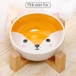 Double Ear Cartoon Ceramic Pet Bowl Bamboo Wooden Frame Matching Neck Bowl Dog Bowl Ceramic Cat Bowl