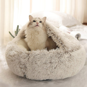 Pet Dog Cat Bed Round Plush Cat Warm Bed House Soft Long Plush Bed For Small Dogs For Cats Nest 2 In 1 Cat Bed