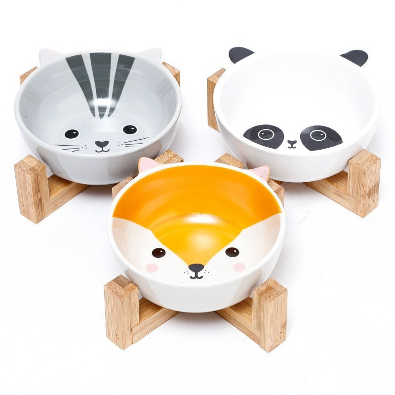 Double Ear Cartoon Ceramic Pet Bowl Bamboo Wooden Frame Matching Neck Bowl Dog Bowl Ceramic Cat Bowl